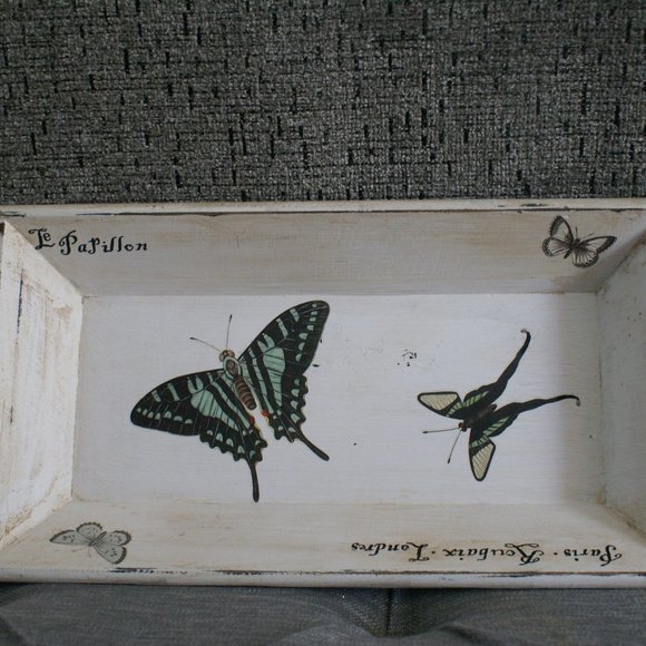 Wood Tray Hand Painted Decorated Vintage French Country Look Butterflies Wooden - Picture 1 of 8
